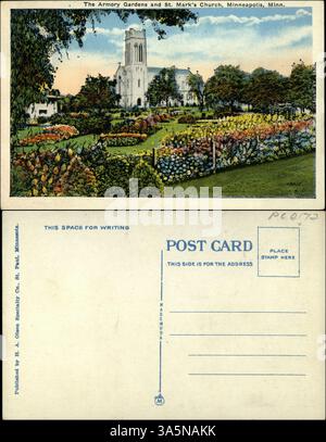 Questa vista panoramica raffigura i Giardini dell'Armeria e la Chiesa di San Marco a Minneapolis. L'immagine cattura l'esterno della chiesa e i suoi giardini circostanti, evidenziando le caratteristiche architettoniche e paesaggistiche. Foto Stock