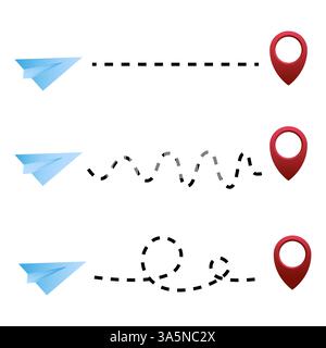 Percorso del piano della carta. Percorsi di viaggio tratteggiati. Indicatori di posizione rossi. Linee di viaggio vettoriali. Illustrazione Vettoriale