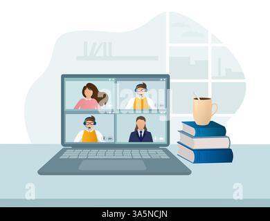 Banner astratto con classe online. Blocco del coronavirus. Illustrazione piatta. Illustrazione vettoriale. Illustrazione Vettoriale