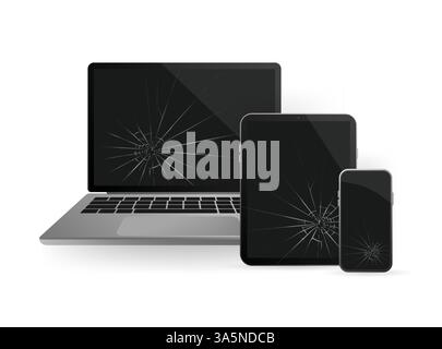 Illustrazione moderna con laptop in vetro rotto per un concept design. Icona del servizio di assistenza. Schermo dello smartphone. Schermo del notebook. Oggetto isolato. Internet Illustrazione Vettoriale