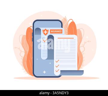 Illustrazione vettoriale con concetto di assicurazione sanitaria. Grande appunti con medico e donna. Sanità, finanza e servizi medici. Illustrazione vettoriale Illustrazione Vettoriale