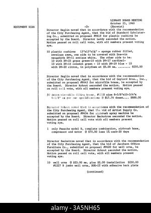 I 1960 verbali della riunione del Minneapolis Public Library Board, che coprono la pianificazione del budget, le strategie del programma e i servizi di biblioteca per la comunità. Foto Stock