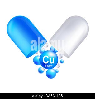 Struttura a icone in rame elemento chimico forma rotonda cerchio azzurro. Elemento chimico della tavola periodica. Illustrazione Vettoriale