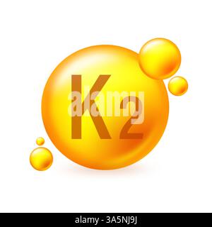 Icona di capsula con pillola dorata e brillante vitamina K2. Illustrazione del vettore del capsula della pillola su sfondo bianco isolato Illustrazione Vettoriale