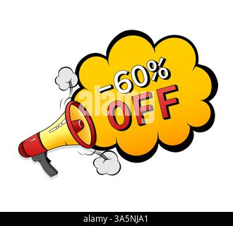sconto del 60%. Illustrazione fumettistica. Etichetta sconto. Segno di percentuale. Illustrazione vettoriale su sfondo bianco Illustrazione Vettoriale