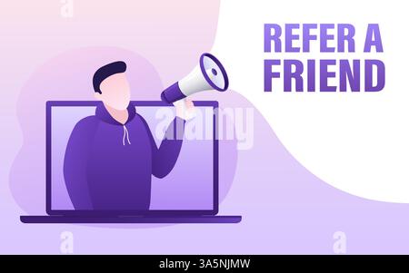 Icona piatta con megafono persone segnala un amico. Poster, banner. Illustrazione del vettore isometrico piatto. illustrazione vettoriale 3d. Illustrazione Vettoriale