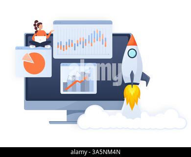 Avviare un nuovo progetto aziendale. Idea attraverso pianificazione e strategia, gestione del tempo, realizzazione. Illustrazione vettoriale Illustrazione Vettoriale
