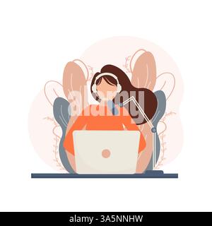 Webcast dal vivo in stile piatto con le persone. Ascoltate il podcast. Illustrazione piatta. Illustrazione vettoriale. Illustrazione Vettoriale