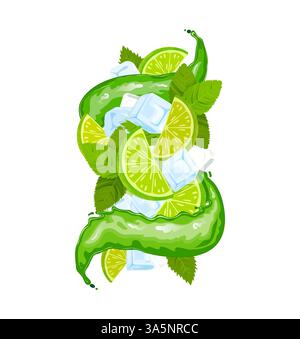 Bevanda al mojito con succo d'arancia piatto, cubetti di ghiaccio, lime e foglie di menta. Illustrazione vettoriale Illustrazione Vettoriale