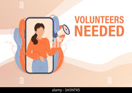 Il modello con volontari blu aveva bisogno di un uomo che tenesse il megafono su sfondo bianco per la progettazione del volantino. Illustrazione vettoriale in stile piatto. Illustrazione Vettoriale