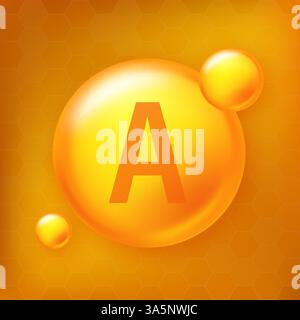 Icona di capsula di pillola dorata di vitamina A. Illustrazione del vettore del capsula della pillola su sfondo isolato giallo Illustrazione Vettoriale