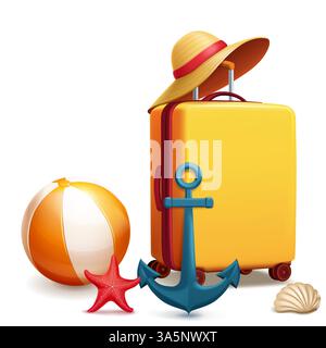 Una valigia gialla vibrante con cappello di paglia, ancora blu, palla da spiaggia, stelle marine rosse e conchiglia. La combinazione di elementi suggerisce viaggi, relax Illustrazione Vettoriale