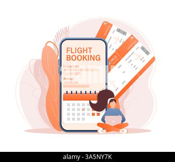 Design del volantino per il design della promozione. Pagina di destinazione illustrazione prenotazione biglietti aerei online. Illustrazione vettoriale del design piatto. Icona del vettore di viaggio. Illustrazione Vettoriale