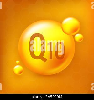 Icona di capsula della pillola dorata di vitamina Q10. Illustrazione del vettore del capsula della pillola su sfondo isolato giallo Illustrazione Vettoriale
