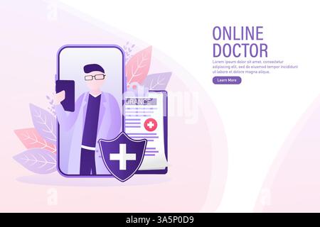 Illustrazione piatta con medico online. Consulto medico. Disegno piatto dell'illustrazione vettoriale. Video chat. Illustrazione Vettoriale