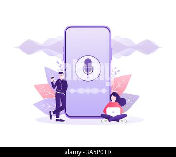 Illustrazione vettoriale concettuale di giovani con assistente vocale, riconoscimento degli altoparlanti, altoparlante intelligente a comando vocale. Illustrazione Vettoriale