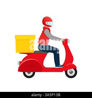 Consegna rapida in stile piatto. Servizio di consegna del cibo. Il corriere guida una moto con la merce. Illustrazione Vettoriale
