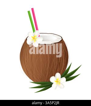 Cocktail fresco di cocco con cannucce e fiori di frangipani che mostrano vibrazioni tropicali Illustrazione Vettoriale