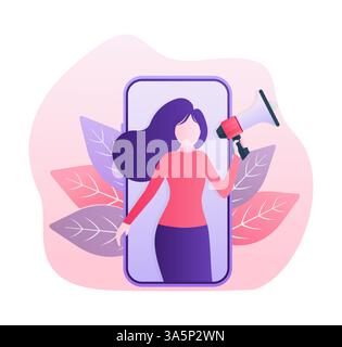 Donna con megafono in stile retrò su sfondo giallo. Donna con megafono, grande design per qualsiasi scopo. Illustrazione vettoriale. Illustrazione Vettoriale