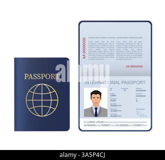 Passaporto internazionale 3d Card in stile piatto su sfondo bianco. Modello vuoto. Copertina. Passaporto internazionale, ottimo design per qualsiasi scopo. Illustrazione Vettoriale
