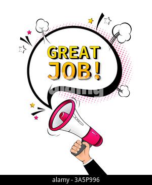 Megafono, concetto aziendale con testo OTTIMO LAVORO in stile pop. Illustrazione vettoriale Illustrazione Vettoriale