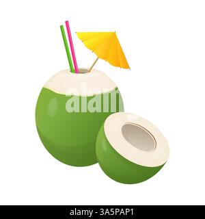 Cocco verde fresco con cannucce e ombrello da cocktail che mostra il suo interno bianco Illustrazione Vettoriale