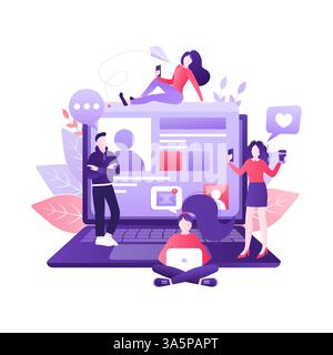 Gente dei social media. Illustrazione del marketing digitale. Comunicazione digitale. Cornice fotografica. Persone dei social media in stile cartoni animati. Vettore isometrico Illustrazione Vettoriale