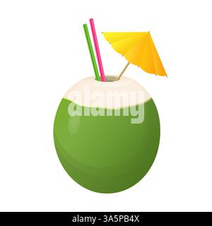 Acqua fresca di cocco verde con cannucce e ombrello per una vacanza estiva Illustrazione Vettoriale