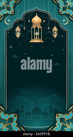 Design islamico sfondo verde smeraldo con lanterne e moschea per Ramadan Kareem e Eid al Fitr o biglietti d'auguri Adha stili eleganti Illustrazione Vettoriale