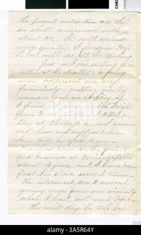 Questa lettera del professor Horace Goodhue alla sua fidanzata, scritta nel 1869, fornisce uno sguardo sulla vita a Northfield, Minnesota, e i primi giorni del Carleton College da una prospettiva personale. Foto Stock