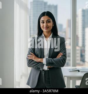 Giovane donna d'affari indiana fiduciosa in un ufficio moderno con vista sulla città - Ritratto aziendale professionale Foto Stock