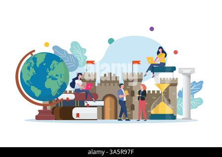 Lezione di storia con persone in miniatura. Studio del passato e della cultura dell'antica civiltà Illustrazione Vettoriale