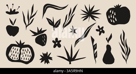 Set di forme organiche astratte boho - sagome nere di piante e foglie tagliate, frutti e fiori. Graziosa collezione decorativa di elementi di design minimalisti e ispirati alla natura. Illustrazione Vettoriale