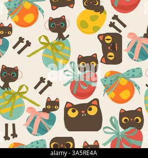 Motivo senza cuciture con simpatici gatti e uova di Pasqua Illustrazione Vettoriale