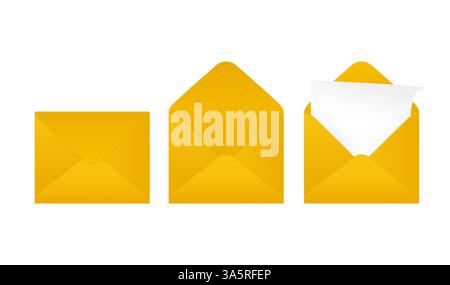 Biglietto da visita piatto con busta gialla chiusa su sfondo bianco per il design della carta. Biglietto da visita vuoto. Sfondo bianco, isolato. Illustrazione Vettoriale