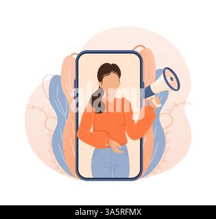 Donna con megafono in stile retrò su sfondo giallo. Donna con megafono, grande design per qualsiasi scopo. Illustrazione vettoriale. Illustrazione Vettoriale