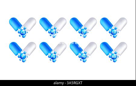 Complesso minerale di nutrizione sana. Design creativo vettoriale con capsule di pillole vitaminiche lucide di colore blu Illustrazione Vettoriale