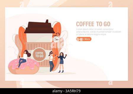 Illustrazione piatta con caffè da portare sempre con sé. Illustrazione delle persone dei cartoni animati. Personaggi con bevanda in tazza di carta. Concetto di shopping, drink, caffè da asporto. Illustrazione Vettoriale