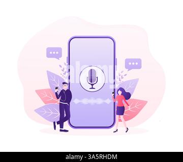 Illustrazione vettoriale concettuale di giovani con assistente vocale, riconoscimento degli altoparlanti, altoparlante intelligente a comando vocale. Illustrazione Vettoriale