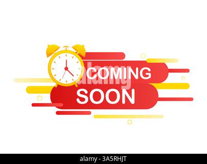 Immagine piatta del modello in arrivo su sfondo bianco. Icona per il design della promozione. Disponibile a breve. Progettazione Web. Illustrazione Vettoriale