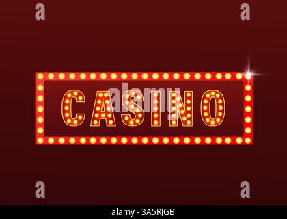 Casinò con banner retrò sullo sfondo viola. Effetto luce. Stella luminosa. Banner di progettazione vettoriale. Segno di gioco. Illustrazione Vettoriale