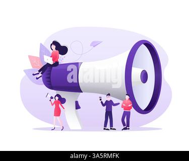 Pubblicità piatta moderna con persone megafono per il design della promozione. Icona per la progettazione concettuale. Social marketing digitale. Concetto di comunicazione. Illustrazione Vettoriale