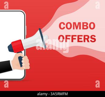 Il modello con combo rosso offre un megafono su sfondo rosso per il design del volantino. Illustrazione vettoriale in stile piatto. Illustrazione Vettoriale