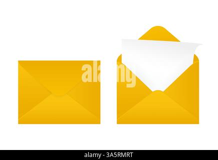 Biglietto da visita piatto con busta gialla chiusa su sfondo bianco per il design della carta. Biglietto da visita vuoto. Sfondo bianco, isolato. Illustrazione Vettoriale