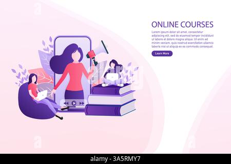 Corsi online astratti persone per il concept design. Illustrazione astratta. Infografica sul concetto aziendale. Illustrazione vettoriale. Illustrazione Vettoriale