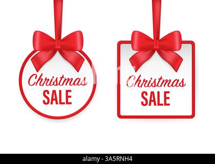 Saldi natalizi, ottimo design per qualsiasi scopo. Vendita banner. Etichetta del punto vendita. Badge offerta speciale. Buon banner natalizio. Brochure rossa. Vettore Illustrazione Vettoriale