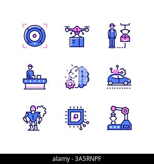 Robot e persone - set di icone di stile design della linea Illustrazione Vettoriale