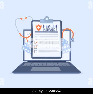 Illustrazione vettoriale con concetto di assicurazione sanitaria. Grande appunti con medico e donna. Sanità, finanza e servizi medici. Illustrazione vettoriale Illustrazione Vettoriale