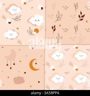 Quattro modelli per neonati senza cuciture. Immagini a colori neutri di genere che ripetono con foglie di kawaii arcobaleni stella del cuore della luna. Illustrazione Vettoriale