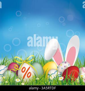 Pasqua uova di Pasqua Percent Grass Rabbit Ears Blue Sky sconto coperchio pasquale con uova di pasqua colorate e orecchie lepre. Foto Stock